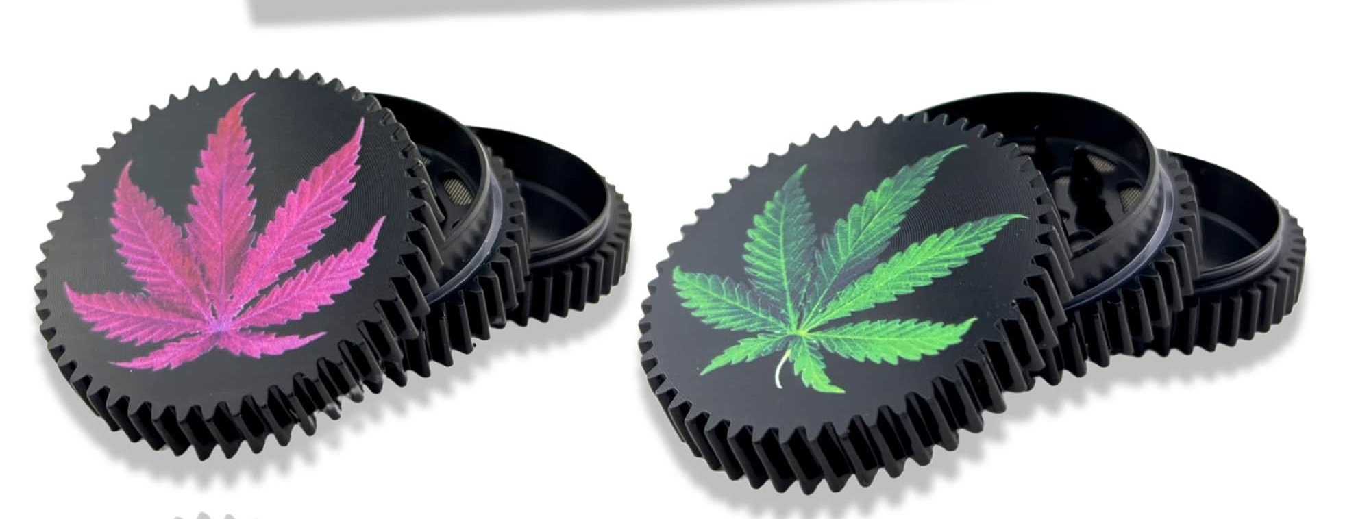 sprocket-black-herb-grinder-3parts-50mm-green-purple-leaf-design-12pcs